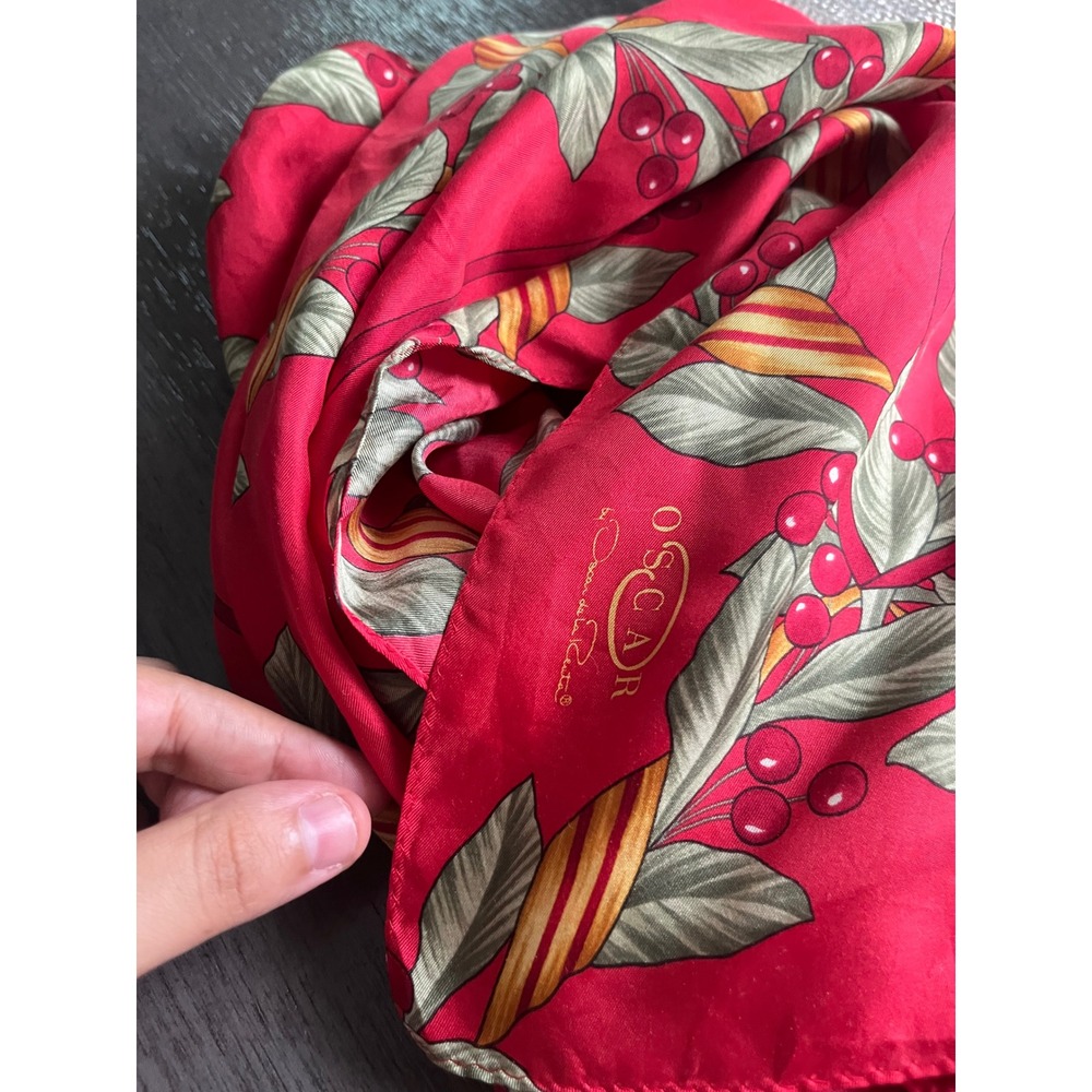 Oscar de la Renta Silk Scarf Red Cherry Botanical Print Square Hand Rolled Edge - Picture 4 of 6